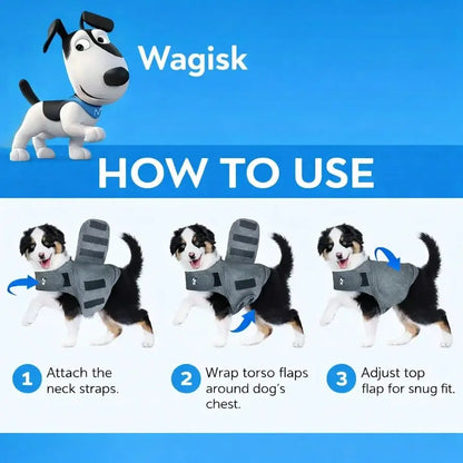 Three step guide showing how to fit the Wagisk anxiety wrap for dogs — attach neck straps, wrap torso flaps, adjust for snug fit