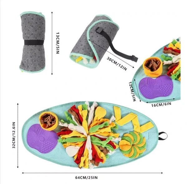 Wagisk snuffle mat dimensions showing 64cm x 32cm flat and 30cm x 13cm folded with carry strap