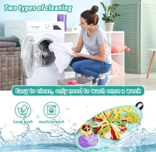 Snuffle mat for small dogs shown being machine washed and hand washed for easy cleaning