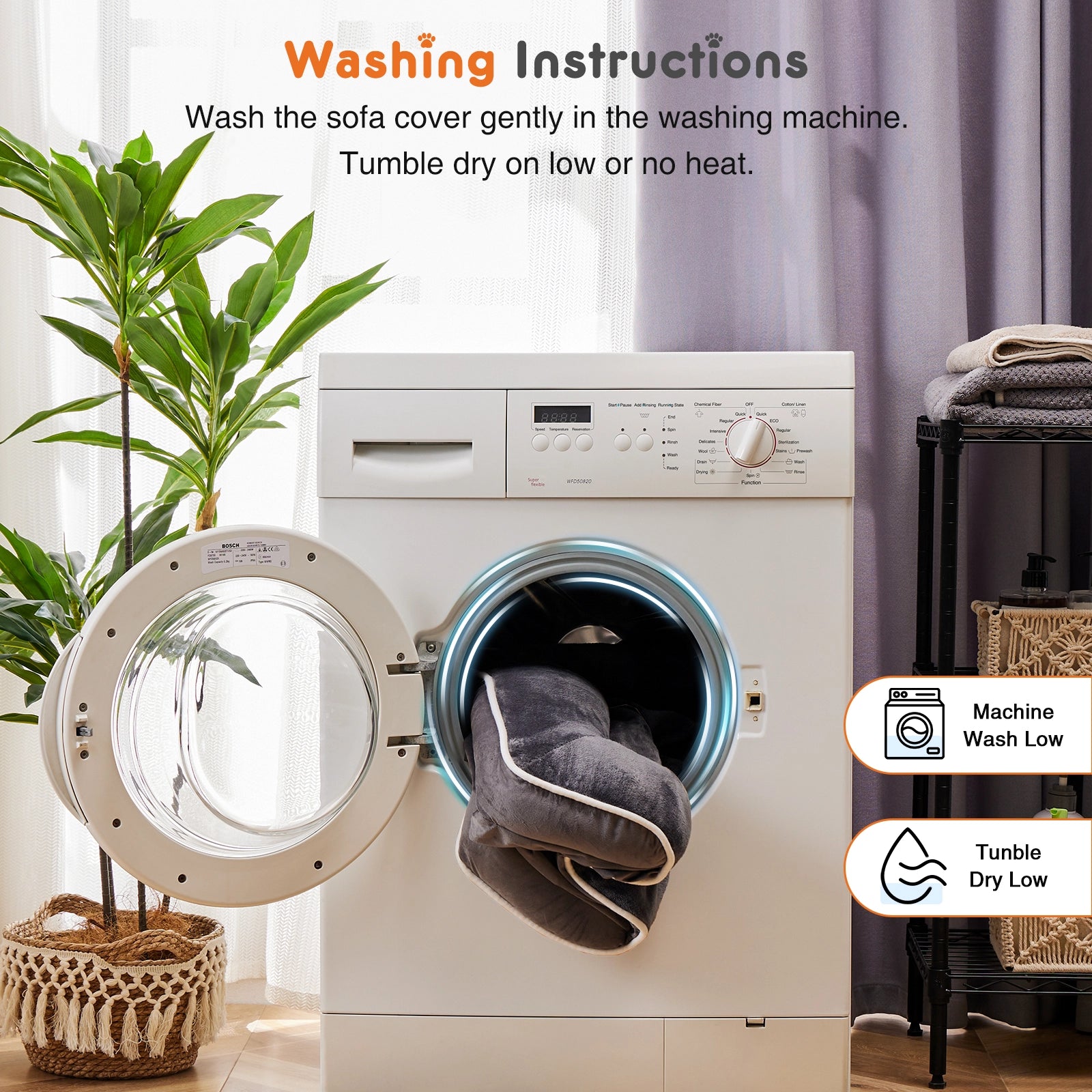 Machine washing and tumble dry instructions for a removable plush pet bed cover