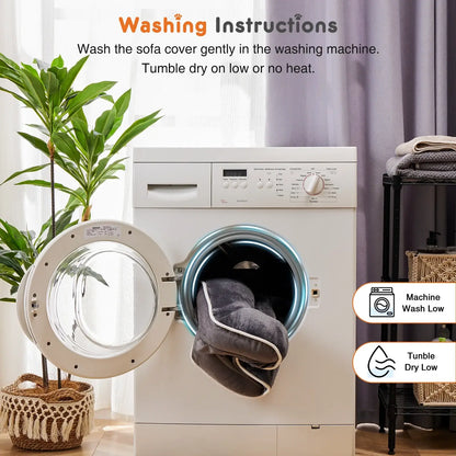 Machine washing and tumble dry instructions for a removable plush pet bed cover